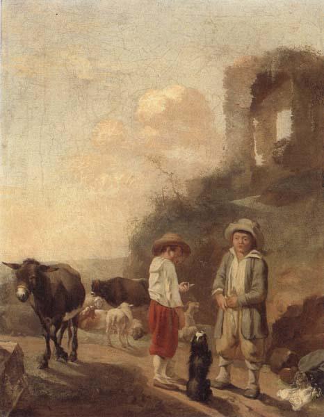  A landscape with young boys tending their animals before a set of ruins